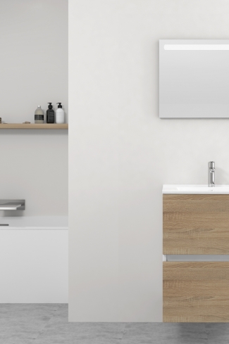 <p>
	Pack formado por mueble de baño realizado en tablero laminado 19mm acabado madera, con dos cajones totalmente extraíble con cierre softclosing. Lavabo cerámico y espejo con iluminación LED incluidos. Made in Europe.</p>
