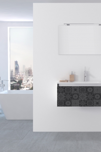 <p>
	Pack formado por mueble de 80 cm realizado en material estratificado alto brillo con frontal decorado mediante técnica láser. Cajón totalmente extraible y cierre soft-closing. Incluye lavabo cerámico de color blanco, espejo y foco iluminación LED de 60cm. Fabricado en España.</p>
