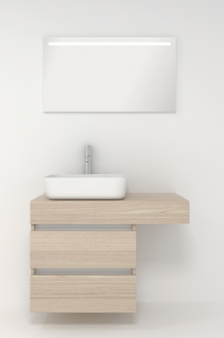 <p>
	Pack formado por mueble de baño de 100 cm realizado en material laminado madera. Está formado por dos módulos, uno fijo y otro con dos cajones de gran capacidad, totalmente extraibles y de cierre soft-closing. Incluye lavabo cerámico sobre encimera y espejo con iluminación LED de 100x50 cm. No incluye grifería. Made in Spain</p>
