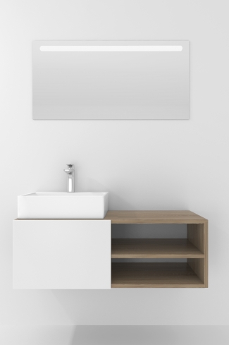 <p>
	Pack compuesto por mueble de baño realizado en material laminado, formado por una puerta blanco mate y un espacio decorativo. Bisagras con cierre softclosing testadas a 80.000 ciclos regulables en los tres ejes. Colgadores a pared capaces de soportar hasta 30 Kg por colgador. Cantos realizados en PVC de 1mm. Incluye lavabo sobreencimera y espejo con iluminación LED. Fabricado en España</p>
