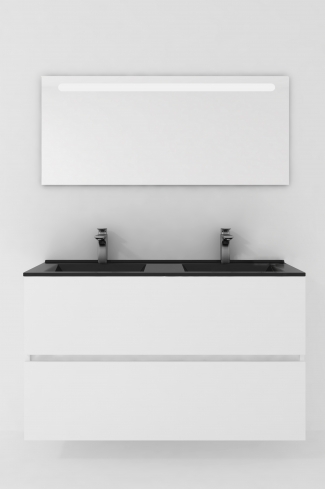 <p>
	Conjunto de mueble de baño realizado en material laminado color blanco de 19mm formado por dos cajones con sistema cierre suave . Lavabo en cristal templado de color negro y espejo con iluminación integrada incluidos.Grifo no incluido. Fabricado en España. </p>

