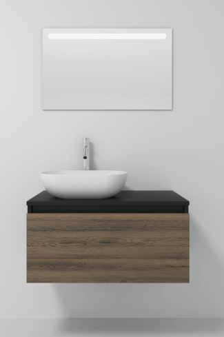 <p>
	Pack formado por mueble realizado en material laminado,  Cajón totalmente extraible y cierre soft-closing. Incluye lavabo cerámico sobreencimera y espejo con iluminación LED. Fabricado en España.</p>
