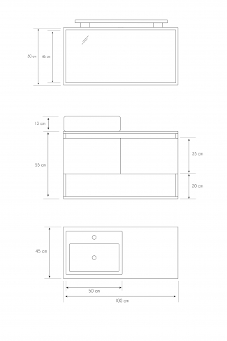 <p>
	Pack compuesto por mueble de baño realizado en material laminado, formado por dos puertas y un espacio decorativo inferior, cantos en negro. Bisagras con cierre softclosing testadas a 80.000 ciclos regulables en los tres ejes. Colgadores a pared capaces de soportar hasta 30 Kg por colgador. Cantos realizados en PVC de 1mm. Incluye lavabo sobreencimera, espejo y foco iluminación LED. Fabricado en España</p>

