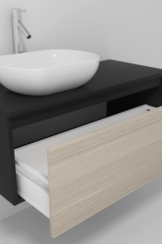 <p>
	Pack formado por mueble realizado en material laminado,  Cajón totalmente extraible y cierre soft-closing. Incluye lavabo cerámico sobreencimera y espejo con iluminación LED. Fabricado en España.</p>
