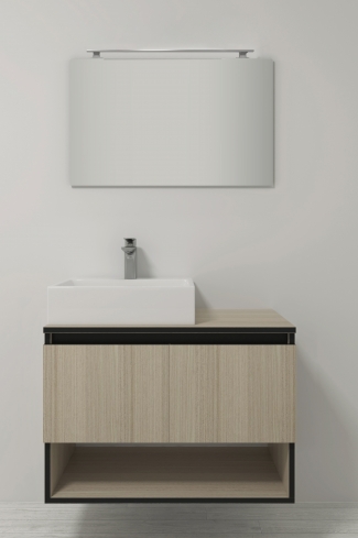 <p>
	Pack compuesto por mueble de baño realizado en material laminado, formado por dos puertas y un espacio decorativo inferior, cantos en negro. Bisagras con cierre softclosing testadas a 80.000 ciclos regulables en los tres ejes. Colgadores a pared capaces de soportar hasta 30 Kg por colgador. Cantos realizados en PVC de 1mm. Incluye lavabo sobreencimera, espejo y foco iluminación LED. Fabricado en España</p>
