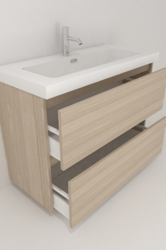 <p>
	Pack formado por mueble de baño realizado en tablero laminado con dos cajones totalmente extraíbles y cierre softclosing. Lavabo de resina y espejo con iluminación LED incluidos. Made in Europe.</p>
