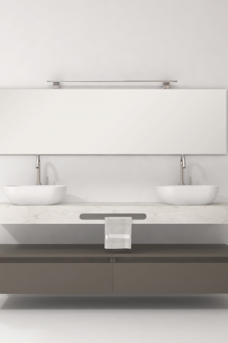 <p>
	Pack compuesto por mueble de baño fabricado en tablero de partículas laminado de 19mm acabado mate con dos cajones de gran capacidad, cierre suave y extracción total. Lavabo doble seno suspendido de mármol compacto con escuadras de acero inoxidable. Espejo liso y foco iluminación LED 6000K, 9,6W, 600lm. Fabricado en España. Grifo no incluido. </p>
