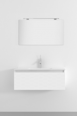 <p>
	Pack formado por mueble de 100 cm realizado en material estratificado alto brillo con frontal decorado mediante técnica láser. Cajón totalmente extraible y cierre soft-closing. Incluye lavabo cerámico de color blanco, espejo y foco iluminación LED de 80cm. Fabricado en España.</p>
