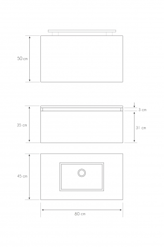 <p>
	Pack formado por mueble de 80 cm realizado en material laminado acabado madera con frontal decorado mediante técnica láser. Cajón totalmente extraible y cierre soft-closing. Incluye lavabo cerámico de color blanco, espejo y foco iluminación LED de 60cm. Fabricado en España.</p>
