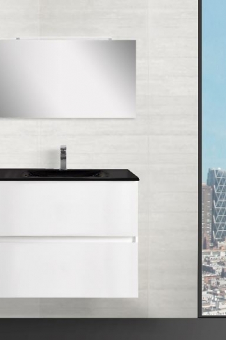 <p>
	Conjunto de mueble de baño realizado en material laminado color blanco de 19mm formado por dos cajones con sistema amortiguado suave . Lavabo en cristal templado de color negro, espejo e iluminación LED IP44-4,8W con driver interno y de color cromado.Grifo no incluido. Fabricado en España. </p>
