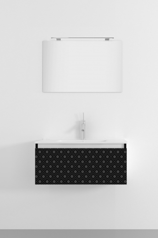 <p>
	Pack formado por mueble de 80 cm realizado en material estratificado alto brillo con frontal decorado mediante técnica láser. Cajón totalmente extraible y cierre soft-closing. Incluye lavabo cerámico de color blanco, espejo y foco iluminación LED de 60cm. Fabricado en España.</p>

