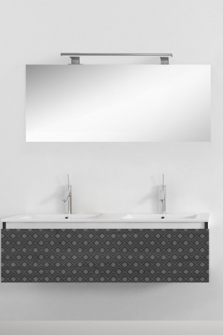 <p>
	Pack formado por mueble de 120 cm realizado en material laminado con frontal decorado mediante técnica láser. Cajón totalmente extraible y cierre soft-closing. Incluye lavabo cerámico de color blanco con dos senos, espejo y foco iluminación LED de 100cm. Fabricado en España.</p>
