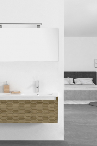 <p>
	Pack formado por mueble de 120 cm realizado en material laminado con frontal decorado mediante técnica láser. Cajón totalmente extraible y cierre soft-closing. Incluye lavabo cerámico de color blanco con dos senos, espejo y foco iluminación LED de 100cm. Fabricado en España.</p>
