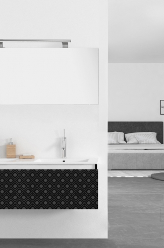 <p>
	Pack formado por mueble de 120 cm realizado en material estratificado alto brillo con frontal decorado mediante técnica láser. Cajón totalmente extraible y cierre soft-closing. Incluye lavabo cerámico de color blanco con dos senos, espejo y foco iluminación LED de 100cm. Fabricado en España.</p>
