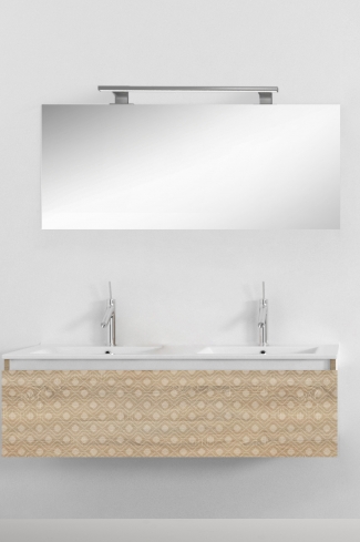 <p>
	Pack formado por mueble de 120 cm realizado en material laminado con frontal decorado mediante técnica láser. Cajón totalmente extraible y cierre soft-closing. Incluye lavabo cerámico de color blanco con dos senos, espejo y foco iluminación LED de 100cm. Fabricado en España.</p>

