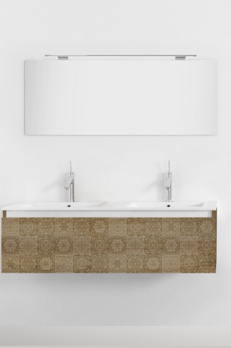 <p>
	Pack formado por mueble de 120 cm realizado en material laminado con frontal decorado mediante técnica láser. Cajón totalmente extraible y cierre soft-closing. Incluye lavabo cerámico de color blanco con dos senos, espejo y foco iluminación LED de 100cm. Fabricado en España.</p>
