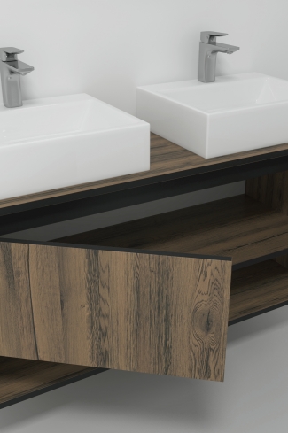 <p>
	Pack compuesto por mueble de baño realizado en material laminado, formado por dos puertas y un espacio decorativo inferior, cantos en negro. Bisagras con cierre softclosing testadas a 80.000 ciclos regulables en los tres ejes. Colgadores a pared capaces de soportar hasta 30 Kg por colgador. Cantos realizados en PVC de 1mm. Incluye dos lavabos sobreencimera y foco iluminación LED. Fabricado en España</p>
