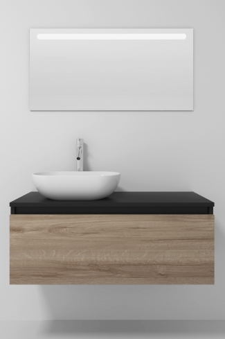 <p>
	Pack formado por mueble realizado en material laminado,  Cajón totalmente extraible y cierre soft-closing. Incluye lavabo cerámico sobreencimera y espejo con iluminación LED. Fabricado en España.</p>
