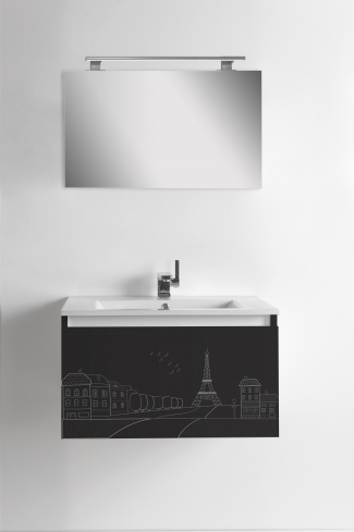 <p>
	Pack formado por mueble de 60 cm realizado en material estratificado alto brillo con frontal decorado mediante técnica láser. Cajón totalmente extraible y cierre soft-closing. Incluye lavabo cerámico de color blanco, espejo liso  y un foco iluminación LED de 60cm. Fabricado en España.</p>
