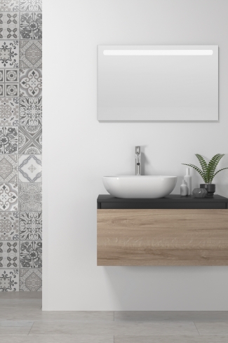 <p>
	Pack formado por mueble realizado en material laminado,  Cajón totalmente extraible y cierre soft-closing. Incluye lavabo cerámico sobreencimera y espejo con iluminación LED. Fabricado en España.</p>
