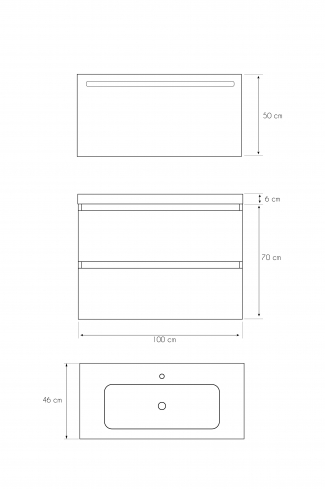 <p>
	Pack formado por mueble de baño realizado en tablero laminado con dos cajones totalmente extraíbles y cierre softclosing. Lavabo de resina y espejo con iluminación LED incluidos. Made in Europe.</p>
