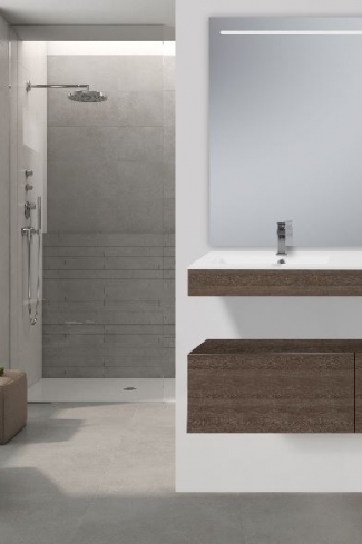 <p>
	Conjunto de mueble de baño realizado en material laminado color madera con microrelieve que le aporta mayor naturalidad de 19mm con tratamiento antibacteriano con cajón con sistema amortiguado suave . Lavabo cerámico de color blanco y espejo con iluminación integrada incluidos.Grifo no incluido. Fabricado en España. </p>
