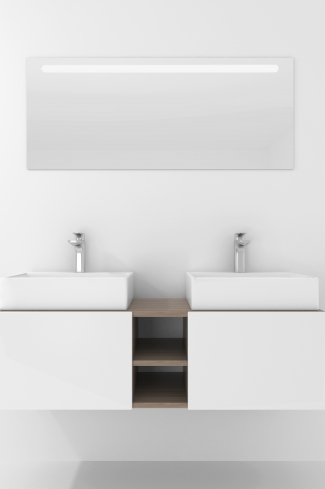 <p>
	Pack compuesto por mueble de baño realizado en material laminado, formado por dos puertas blanco mate y un espacio decorativo. Bisagras con cierre softclosing testadas a 80.000 ciclos regulables en los tres ejes. Colgadores a pared capaces de soportar hasta 30 Kg por colgador. Cantos realizados en PVC de 1mm. Incluye dos lavabos sobreencimera y espejo con iluminación LED. Fabricado en España</p>
