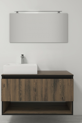 <p>
	Pack compuesto por mueble de baño realizado en material laminado, formado por dos puertas y un espacio decorativo inferior, cantos en negro. Bisagras con cierre softclosing testadas a 80.000 ciclos regulables en los tres ejes. Colgadores a pared capaces de soportar hasta 30 Kg por colgador. Cantos realizados en PVC de 1mm. Incluye lavabo sobreencimera, espejo y foco iluminación LED. Fabricado en España</p>
