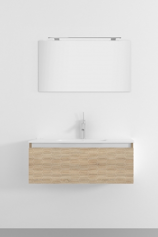 <p>
	Pack formado por mueble de 100 cm realizado en material laminado con frontal decorado mediante técnica láser. Cajón totalmente extraible y cierre soft-closing. Incluye lavabo cerámico de color blanco, espejo y foco iluminación LED de 80cm. Fabricado en España.</p>

