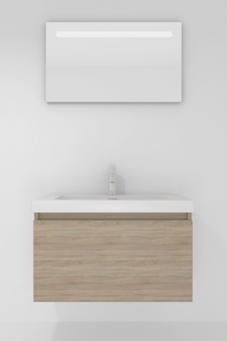 <p>
	Pack formado por mueble de baño realizado en tablero laminado con un cajón totalmente extraíble y cierre softclosing. Lavabo de resina y espejo con iluminación LED incluidos. Made in Europe.</p>
