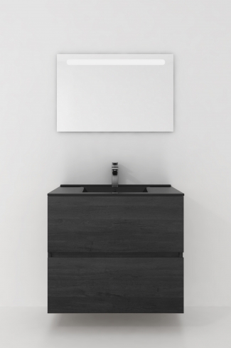 <p>
	Conjunto de mueble de baño realizado en material laminado de 19mm formado por dos cajones con sistema cierre suave . Lavabo en cristal templado de color negro y espejo con iluminación integrada incluidos.Grifo no incluido. Fabricado en España. </p>
