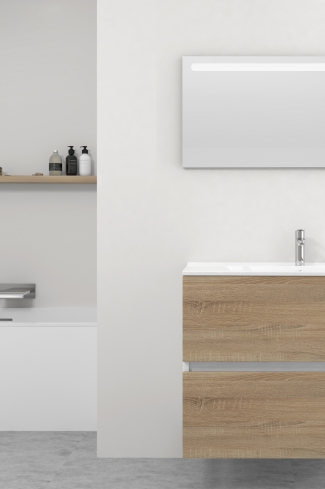 <p>
	Pack formado por mueble de baño realizado en tablero laminado 19mm acabado madera, con dos cajones totalmente extraíble con cierre softclosing. Lavabo cerámico y espejo con iluminación LED incluidos. Made in Europe.</p>
