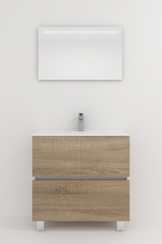 <p>
	Pack compuesto por mueble de baño realizado en material laminado, formado por dos puertas y un cajón inferior. Bisagras con cierre softclosing testadas a 80.000 ciclos regulables en los tres ejes. Colgadores a pared capaces de soportar hasta 30 Kg por colgador. Patas aluminio acabado cromo brillo. Cantos realizados en PVC de 1mm. Incluye lavabo cerámica y espejo con iluminación LED. Fabricado en España</p>

