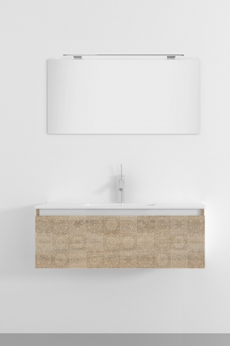 <p>
	Pack formado por mueble de 100 cm realizado en material laminado con frontal decorado mediante técnica láser. Cajón totalmente extraible y cierre soft-closing. Incluye lavabo cerámico de color blanco, espejo y foco iluminación LED de 80cm. Fabricado en España.</p>
