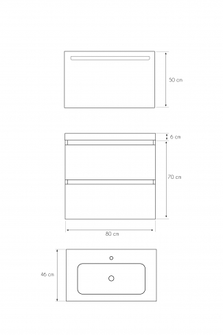 <p>
	Pack formado por mueble de baño realizado en tablero laminado con dos cajones totalmente extraíbles y cierre softclosing. Lavabo de resina y espejo con iluminación LED incluidos. Made in Europe.</p>
