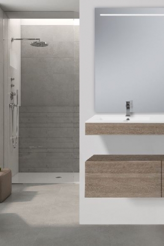 <p>
	Conjunto de mueble de baño realizado en material laminado color madera con microrelieve que le aporta mayor naturalidad de 19mm con tratamiento antibacteriano con cajón con sistema amortiguado suave . Lavabo cerámico de color blanco y espejo con iluminación integrada incluidos.Grifo no incluido. Fabricado en España. </p>
