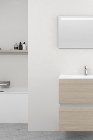 <p>
	Pack formado por mueble de baño realizado en tablero laminado 19mm acabado madera, con dos cajones totalmente extraíble con cierre softclosing. Lavabo cerámico y espejo con iluminación LED incluidos. Made in Europe.</p>
