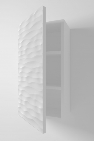 <p>
	Complemento de baño de 35x70 realizado en material DM con puerta mecanizada con relieve y acabado lacado alto brillo pulido. Incluye una estantería interior. Bisagras con cierre softclosing testadas a 80.000 ciclos regulables en los tres ejes. Colgadores a pared capaces de soportar hasta 30 Kg por colgador. Cantos realizados en PVC de 1 mm. Fabricado en España.Made in Spain</p>
