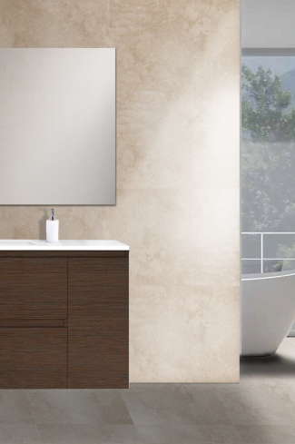 <p>
	Mueble de baño de 90 cm realizado en material laminado color madera de 19 mm  formado por dos cajones y una puerta. Puertas y cajón con sistema de cierre amortiguado suave. Lavabos cerámicos de color blanco encimera y espejo sobre tablero 75x90 están incluidos. Grifo no incluido. Made in Spain.</p>
