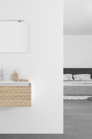 <p>
	Pack formado por mueble de 80 cm realizado en material laminado acabado madera con frontal decorado mediante técnica láser. Cajón totalmente extraible y cierre soft-closing. Incluye lavabo cerámico de color blanco, espejo y foco iluminación LED de 60cm. Fabricado en España.</p>
