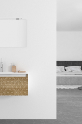 <p>
	Pack formado por mueble de 80 cm realizado en material laminado acabado madera con frontal decorado mediante técnica láser. Cajón totalmente extraible y cierre soft-closing. Incluye lavabo cerámico de color blanco, espejo y foco iluminación LED de 60cm. Fabricado en España.</p>
