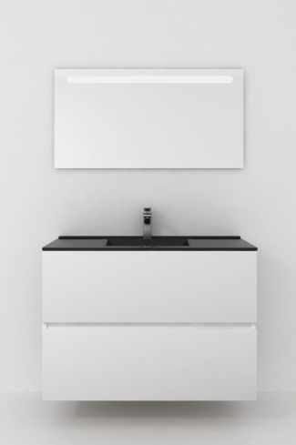 <p>
	Conjunto de mueble de baño realizado en material laminado color blanco de 19mm formado por dos cajones con sistema cierre suave . Lavabo en cristal templado de color negro y espejo con iluminación integrada incluidos.Grifo no incluido. Fabricado en España. </p>
