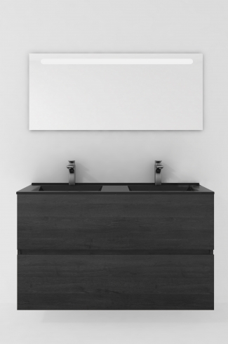 <p>
	Conjunto de mueble de baño realizado en material laminado de 19mm formado por dos cajones con sistema cierre suave . Lavabo en cristal templado de color negro y espejo con iluminación integrada incluidos.Grifo no incluido. Fabricado en España. </p>

