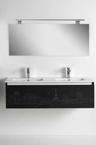<p>
	Pack formado por mueble de 120 cm realizado en material estratificado alto brillo con frontal decorado mediante técnica láser. Cajón totalmente extraible y cierre soft-closing. Incluye lavabo cerámico de color blanco, espejo liso  y un foco iluminación LED de 100cm. Fabricado en España.</p>
