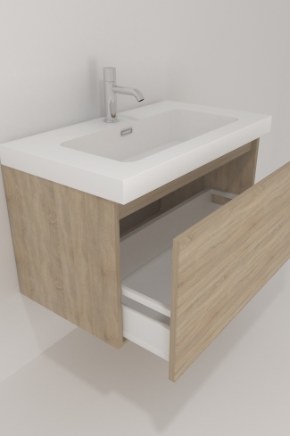 <p>
	Pack formado por mueble de baño realizado en tablero laminado con un cajón totalmente extraíble y cierre softclosing. Lavabo de resina y espejo con iluminación LED incluidos. Made in Europe.</p>
