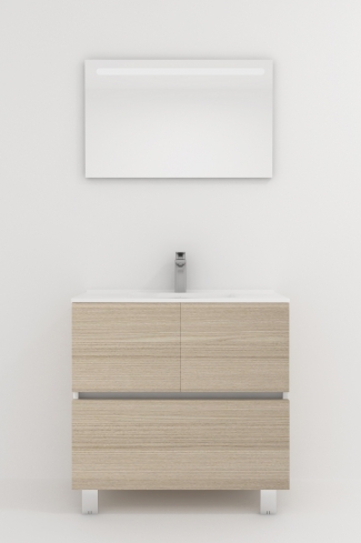 <p>
	Pack compuesto por mueble de baño realizado en material laminado, formado por dos puertas y un cajón inferior. Bisagras con cierre softclosing testadas a 80.000 ciclos regulables en los tres ejes. Colgadores a pared capaces de soportar hasta 30 Kg por colgador. Patas aluminio acabado cromo brillo. Cantos realizados en PVC de 1mm. Incluye lavabo cerámica y espejo con iluminación LED. Fabricado en España</p>
