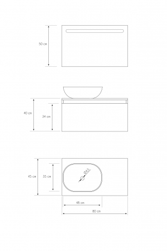 <p>
	Pack formado por mueble realizado en material laminado,  Cajón totalmente extraible y cierre soft-closing. Incluye lavabo cerámico sobreencimera y espejo con iluminación LED. Fabricado en España.</p>
