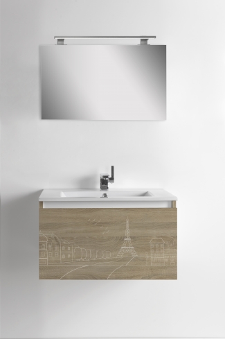 <p>
	Pack formado por mueble de 60 cm realizado en material laminado acabado madera con frontal decorado mediante técnica láser. Cajón totalmente extraible y cierre soft-closing. Incluye lavabo cerámico de color blanco, espejo liso  y un foco iluminación LED de 60cm. Fabricado en España.</p>
