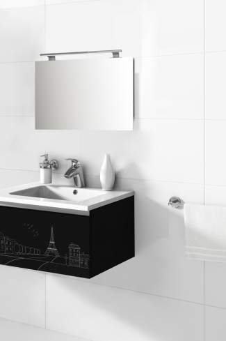 <p>
	Pack formado por mueble de 60 cm realizado en material estratificado alto brillo con frontal decorado mediante técnica láser. Cajón totalmente extraible y cierre soft-closing. Incluye lavabo cerámico de color blanco, espejo liso  y un foco iluminación LED de 60cm. Fabricado en España.</p>
