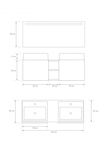 <p>
	Pack compuesto por mueble de baño realizado en material laminado, formado por dos puertas blanco mate y un espacio decorativo. Bisagras con cierre softclosing testadas a 80.000 ciclos regulables en los tres ejes. Colgadores a pared capaces de soportar hasta 30 Kg por colgador. Cantos realizados en PVC de 1mm. Incluye dos lavabos sobreencimera y espejo con iluminación LED. Fabricado en España</p>
